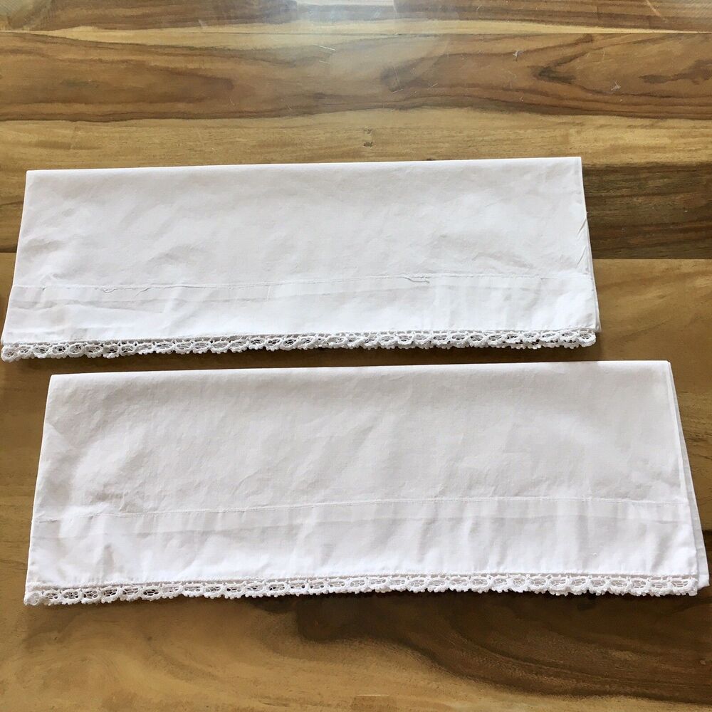Vintage White Pillow Case set with Crocheted lace edges
